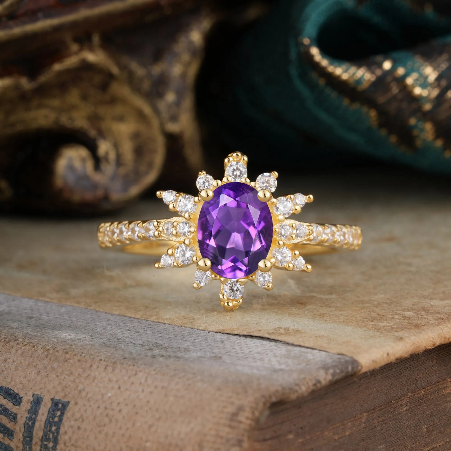 1.5 Carat Oval Cut Cluster Amethyst Anniversary Engagement Ring Vintage Pave Braid Band