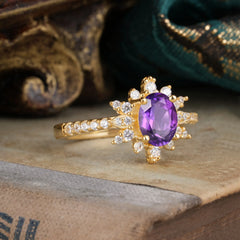 1.5 Carat Oval Cut Cluster Amethyst Anniversary Ring Vintage Pave Braid Band