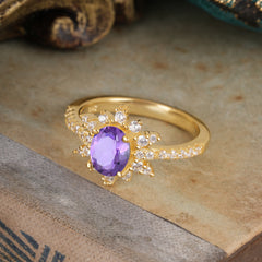 1.5 Carat Oval Cut Cluster Amethyst Anniversary Ring Vintage Pave Braid Band