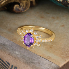 1.5 Carat Oval Cut Cluster Amethyst Anniversary Ring Vintage Pave Braid Band