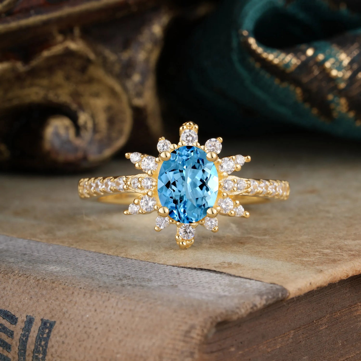 1.5 Carat Oval Cut Cluster Aquamarine Anniversary Engagement Ring Vintage Pave Braid Band
