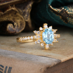 1.5 Carat Oval Cut Cluster Aquamarine Anniversary Ring Vintage Pave Braid Band