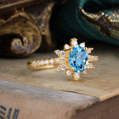 1.5 Carat Oval Cut Cluster Aquamarine Anniversary Ring Vintage Pave Braid Band