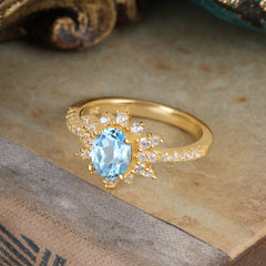 1.5 Carat Oval Cut Cluster Aquamarine Anniversary Ring Vintage Pave Braid Band