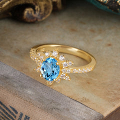 1.5 Carat Oval Cut Cluster Aquamarine Anniversary Ring Vintage Pave Braid Band