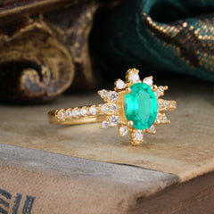 1.5 Carat Oval Cut Cluster Emerald Anniversary Ring Vintage Pave Braid Band