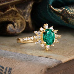 1.5 Carat Oval Cut Cluster Emerald Anniversary Ring Vintage Pave Braid Band