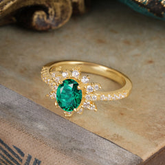 1.5 Carat Oval Cut Cluster Emerald Anniversary Ring Vintage Pave Braid Band