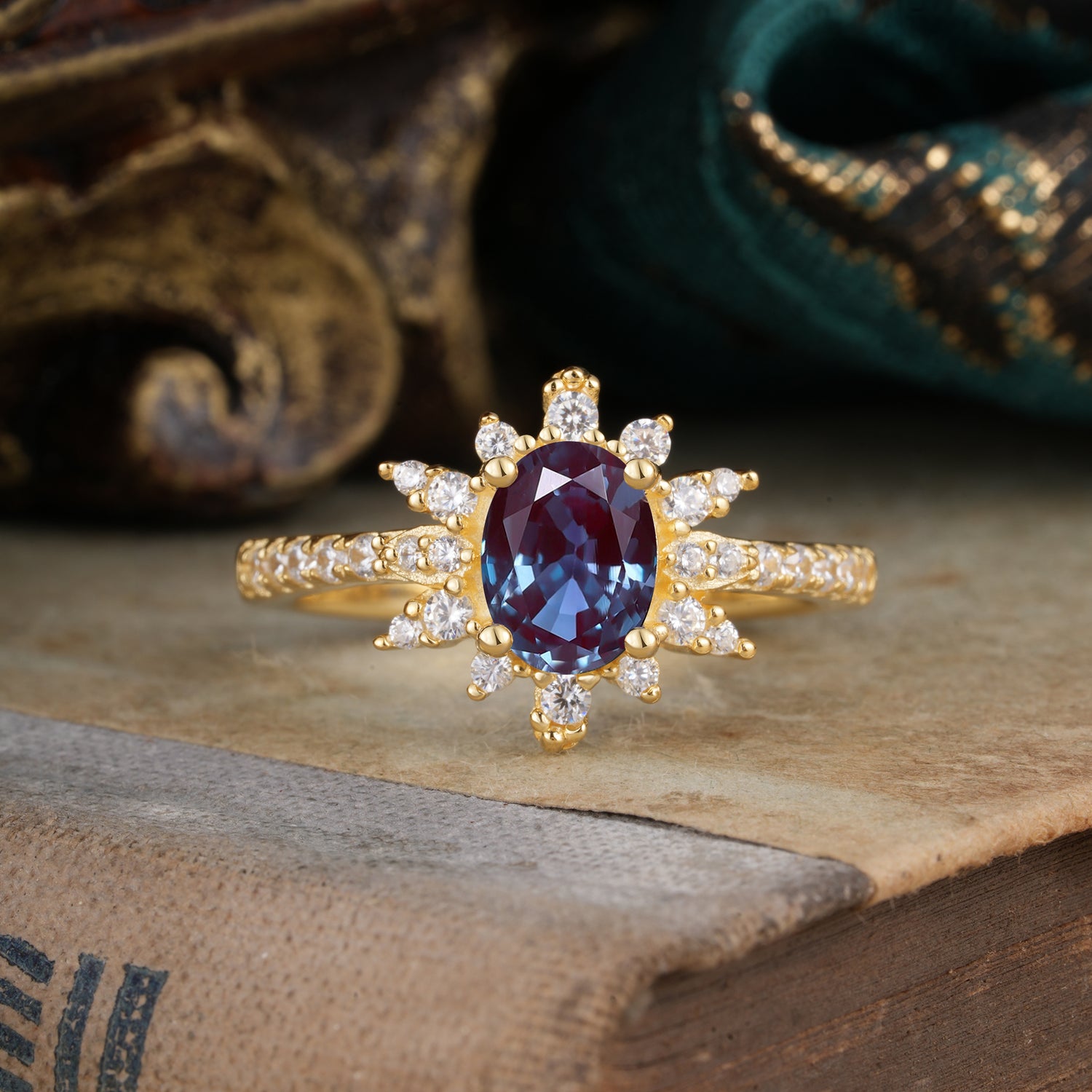 1.5 Carat Oval Cut Cluster Alexandrite Anniversary Engagement Ring Vintage Pave Braid Band