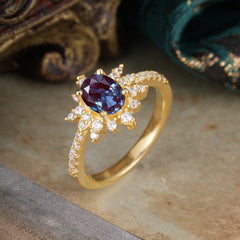 1.5 Carat Oval Cut Cluster Alexandrite Anniversary Ring Vintage Pave Braid Band