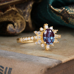 1.5 Carat Oval Cut Cluster Alexandrite Anniversary Ring Vintage Pave Braid Band