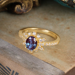 1.5 Carat Oval Cut Cluster Alexandrite Anniversary Ring Vintage Pave Braid Band