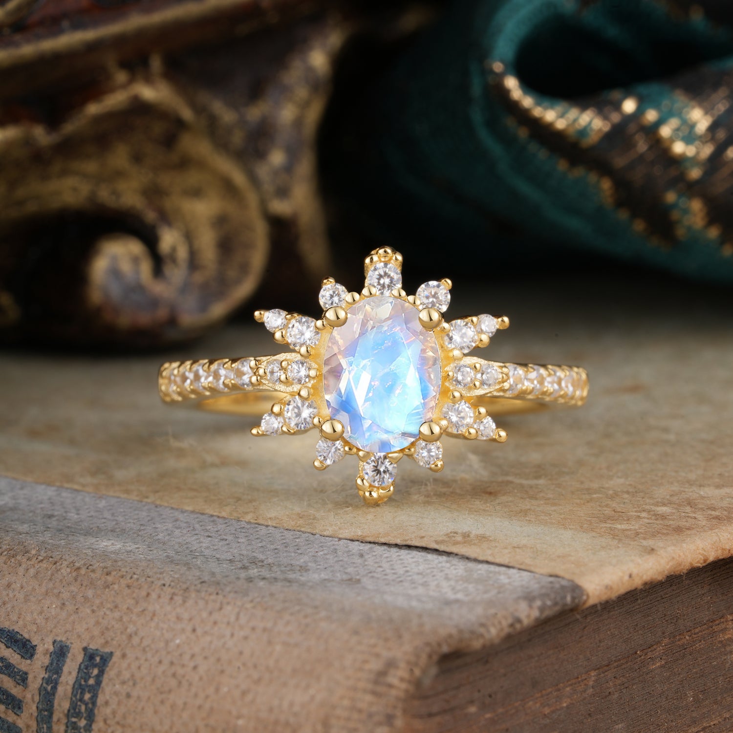 1.5 Carat Oval Cut Cluster Moonstone Anniversary Engagement Ring Vintage Pave Braid Band