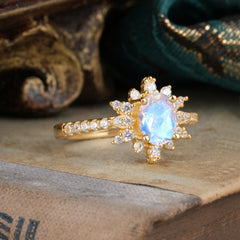 1.5 Carat Oval Cut Cluster Moonstone Anniversary Ring Vintage Pave Braid Band