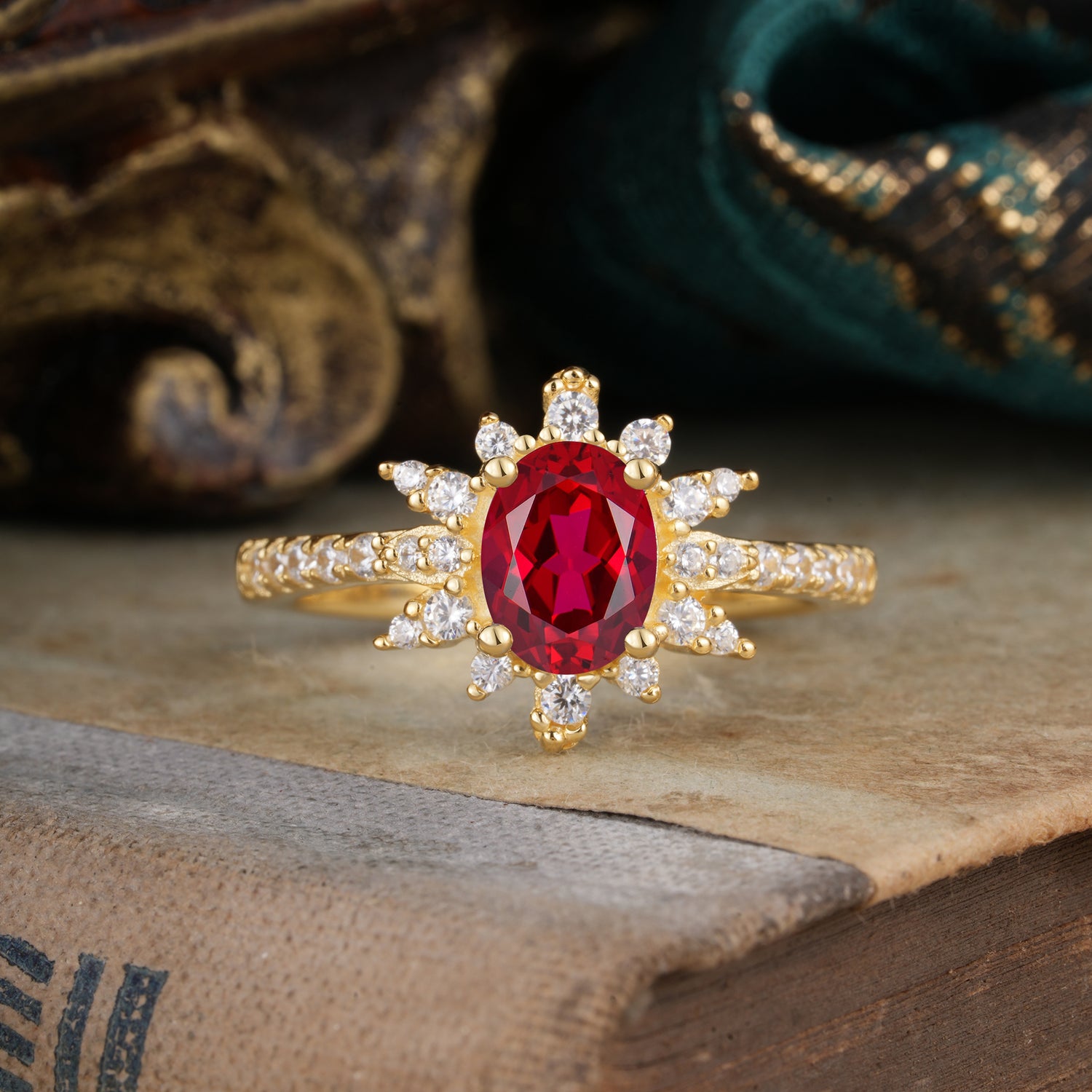 1.5 Carat Oval Cut Cluster Ruby Anniversary Engagement Ring Vintage Pave Braid Band