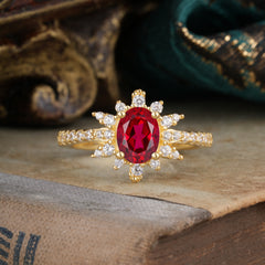 1.5 Carat Oval Cut Cluster Ruby Anniversary Ring Vintage Pave Braid Band