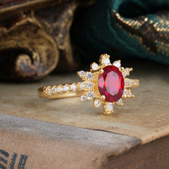 1.5 Carat Oval Cut Cluster Ruby Anniversary Ring Vintage Pave Braid Band