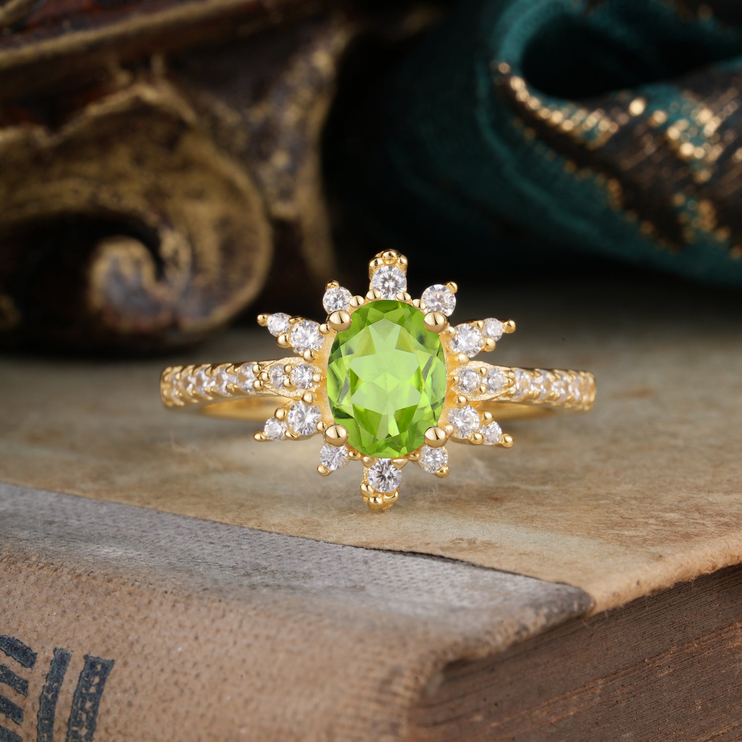 1.5 Carat Oval Cut Cluster Peridot Anniversary Engagement Ring Vintage Pave Braid Band