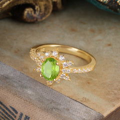 1.5 Carat Oval Cut Cluster Peridot Anniversary Ring Vintage Pave Braid Band