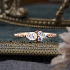 Pear Shaped Moissanite Promise Wedding Band Ring with Three Round Stone