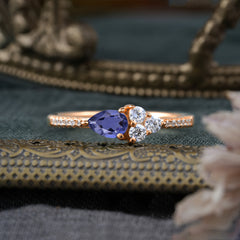 3 Prong Pear Shaped Tanzanite Promise Wedding Band Ring with Three Round Stone
