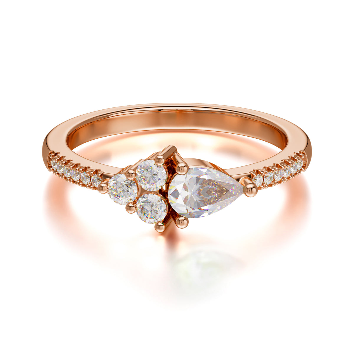 Pear Shaped Moissanite Promise Wedding Band Ring with Three Round Stone