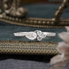 Pear Shaped Moissanite Promise Wedding Band Ring with Three Round Stone
