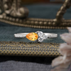 Pear Shaped Citrine Promise Wedding Band Ring with Three Round Stone