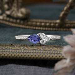 3 Prong Pear Shaped Tanzanite Promise Wedding Band Ring with Three Round Stone