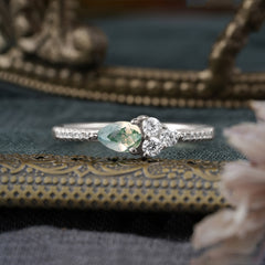 Pear Shaped Moss Agate Promise Wedding Band Ring with Three Round Stone