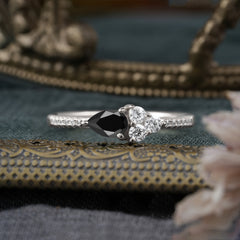 3 Prong Pear Shaped Black Onyx Promise Wedding Band Ring with Three Round Stone