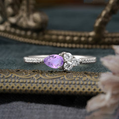 3 Prong Pear Shaped Amethyst Promise Wedding Band Ring with Three Round Stone