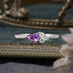 3 Prong Pear Shaped Amethyst Promise Wedding Band Ring with Three Round Stone