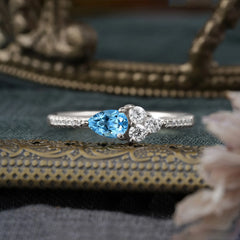 3 Prong Pear Shaped Aquamarine Promise Wedding Band Ring with Three Round Stone