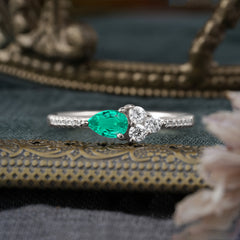 3 Prong Pear Shaped Emerald Promise Wedding Band Ring with Three Round Stone