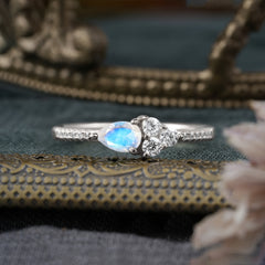 3 Prong Pear Shaped Moonstone Promise Wedding Band Ring with Three Round Stone