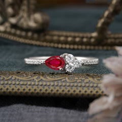 Pear Shaped Ruby Promise Wedding Band Ring with Three Round Stone