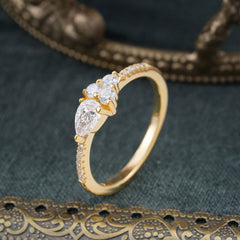 Pear Shaped Moissanite Promise Wedding Band Ring with Three Round Stone
