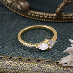 Pear Shaped Moissanite Promise Wedding Band Ring with Three Round Stone
