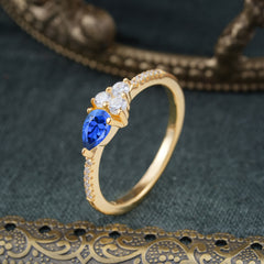 3 Prong Pear Shaped Sapphire Promise Wedding Band Ring with Three Round Stone