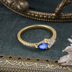 3 Prong Pear Shaped Sapphire Promise Wedding Band Ring with Three Round Stone