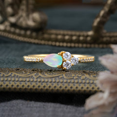 3 Prong Pear Shaped Opal Promise Wedding Band Ring with Three Round Stone