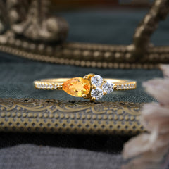 Pear Shaped Citrine Promise Wedding Band Ring with Three Round Stone
