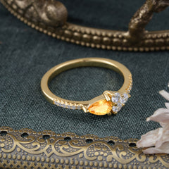 Pear Shaped Citrine Promise Wedding Band Ring with Three Round Stone