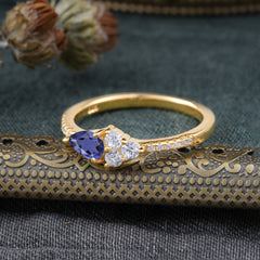 3 Prong Pear Shaped Tanzanite Promise Wedding Band Ring with Three Round Stone