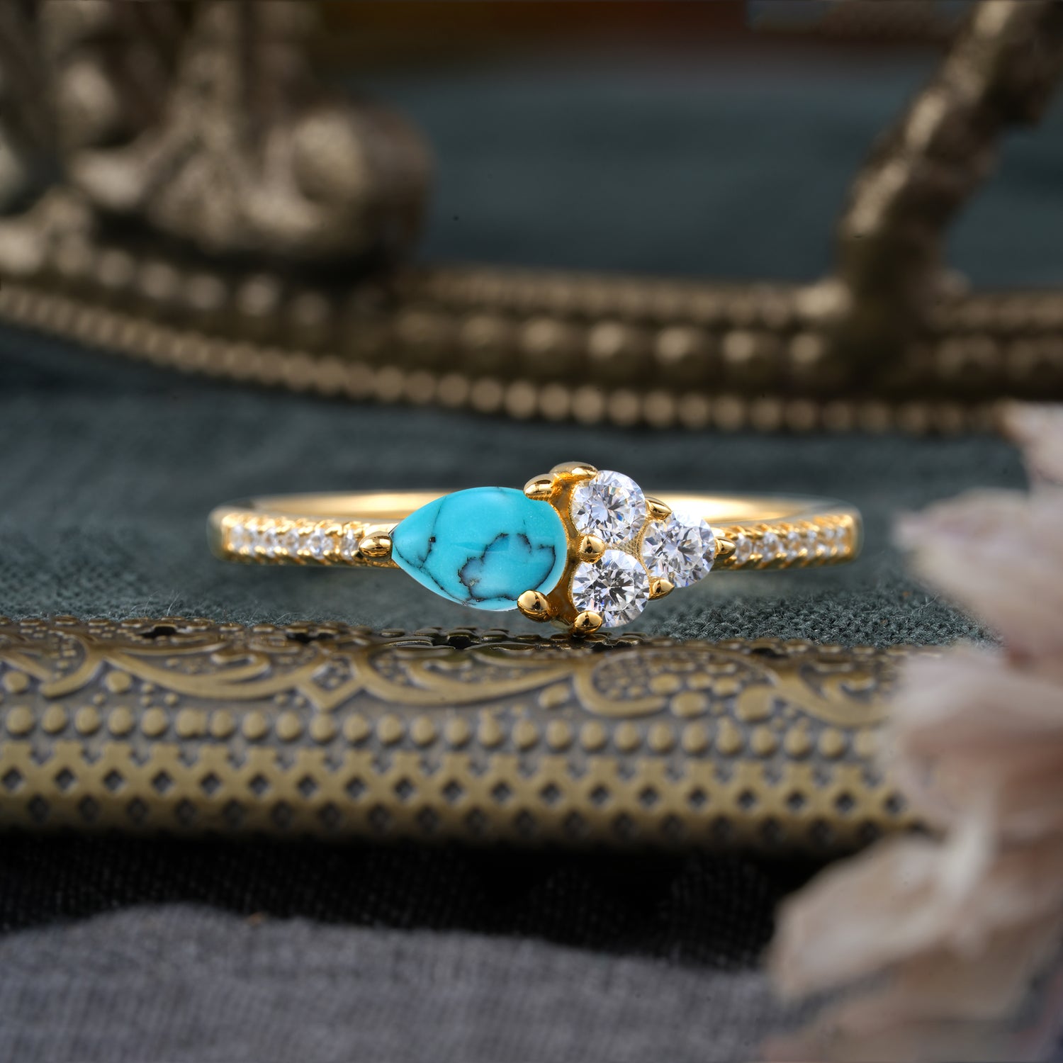 3 Prong Pear Shaped Turquoise Three Round Stone Engagement Ring