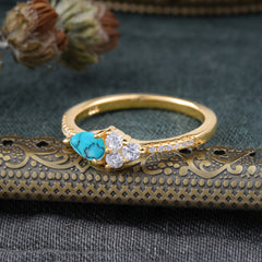 3 Prong Pear Shaped Turquoise Promise Wedding Band Ring with Three Round Stone