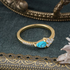 3 Prong Pear Shaped Turquoise Promise Wedding Band Ring with Three Round Stone