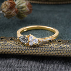 3 Prong Pear Shaped Black Rutilated Quartz Promise Wedding Band Ring with Three Round Stone