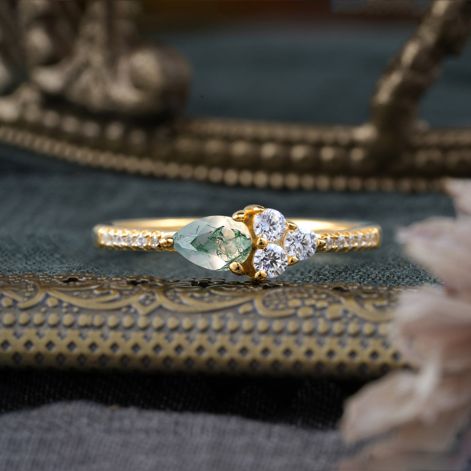 Pear Shaped Moss Agate Three Round Stone Engagement Ring